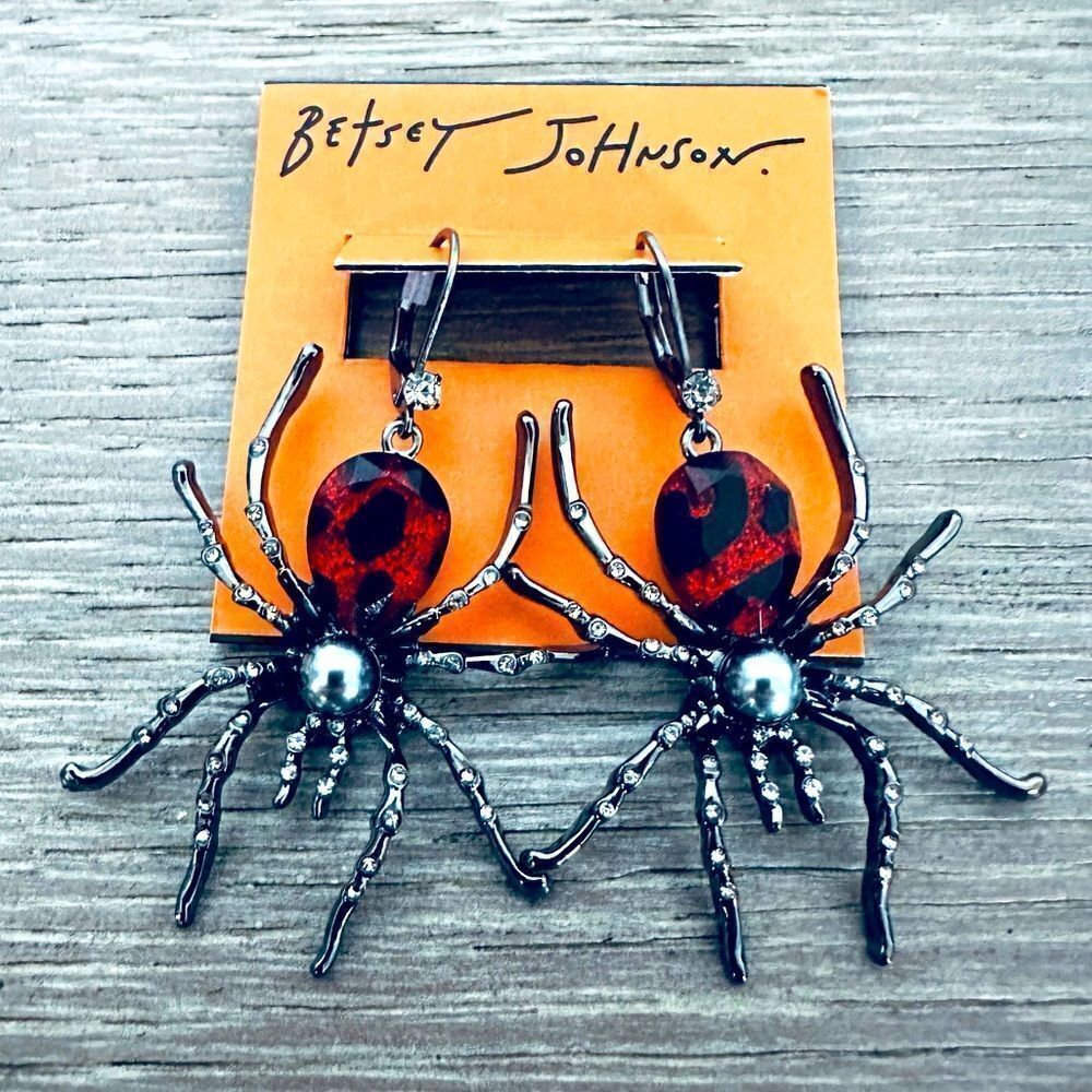 Betsey Johnson Black Red Crystal Spider Halloween Earrings